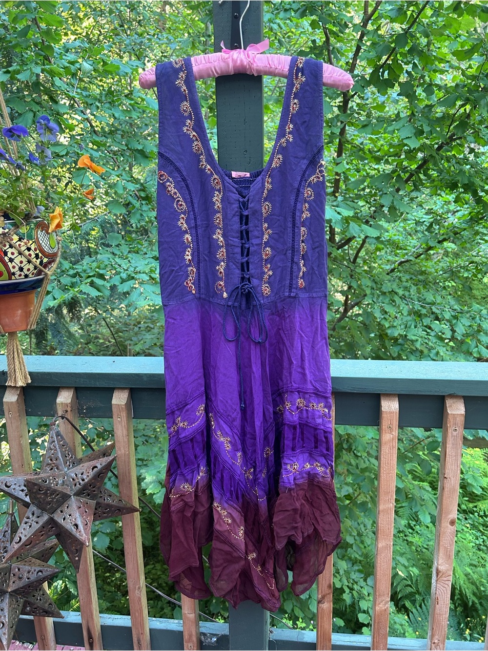 Embroidered Purple Asymmetrical Boho Dress with Lace-Up Front